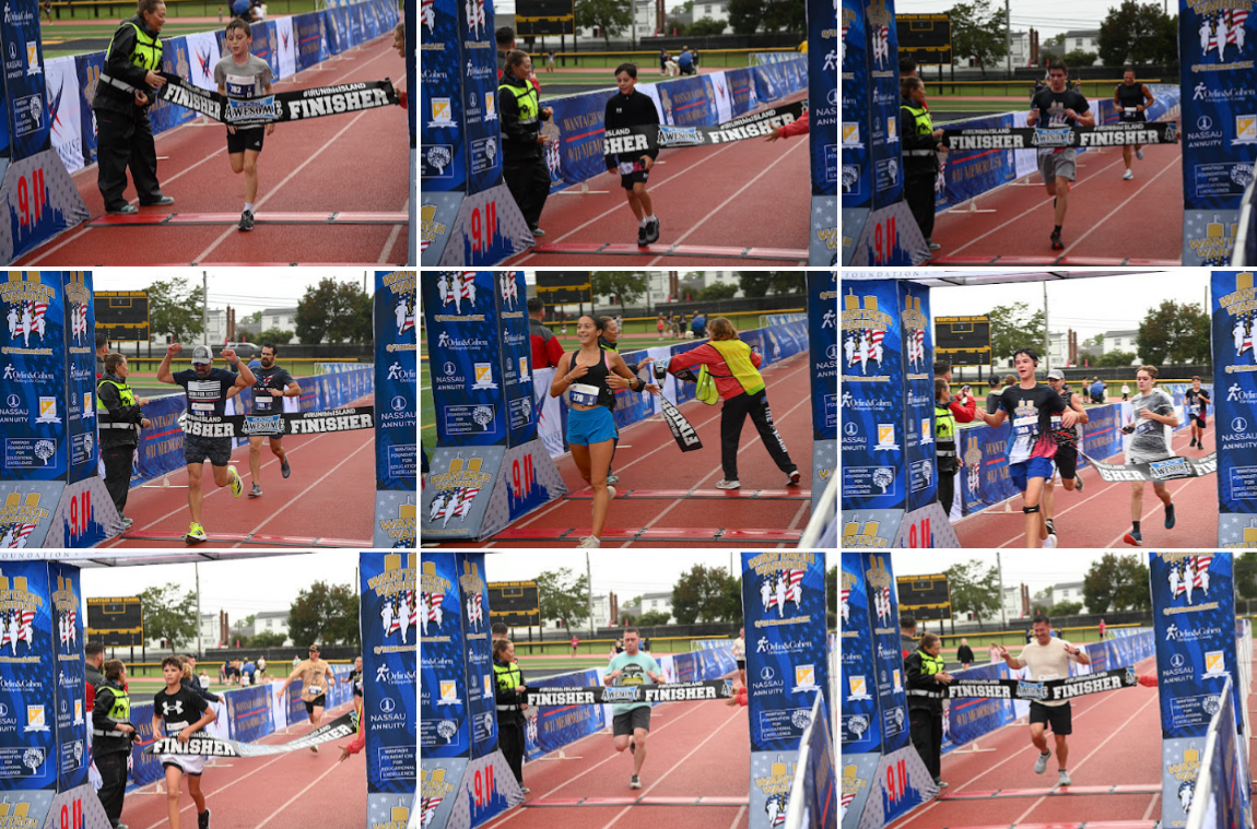 A composite image of nine different runners crossing the finish line at a track event.